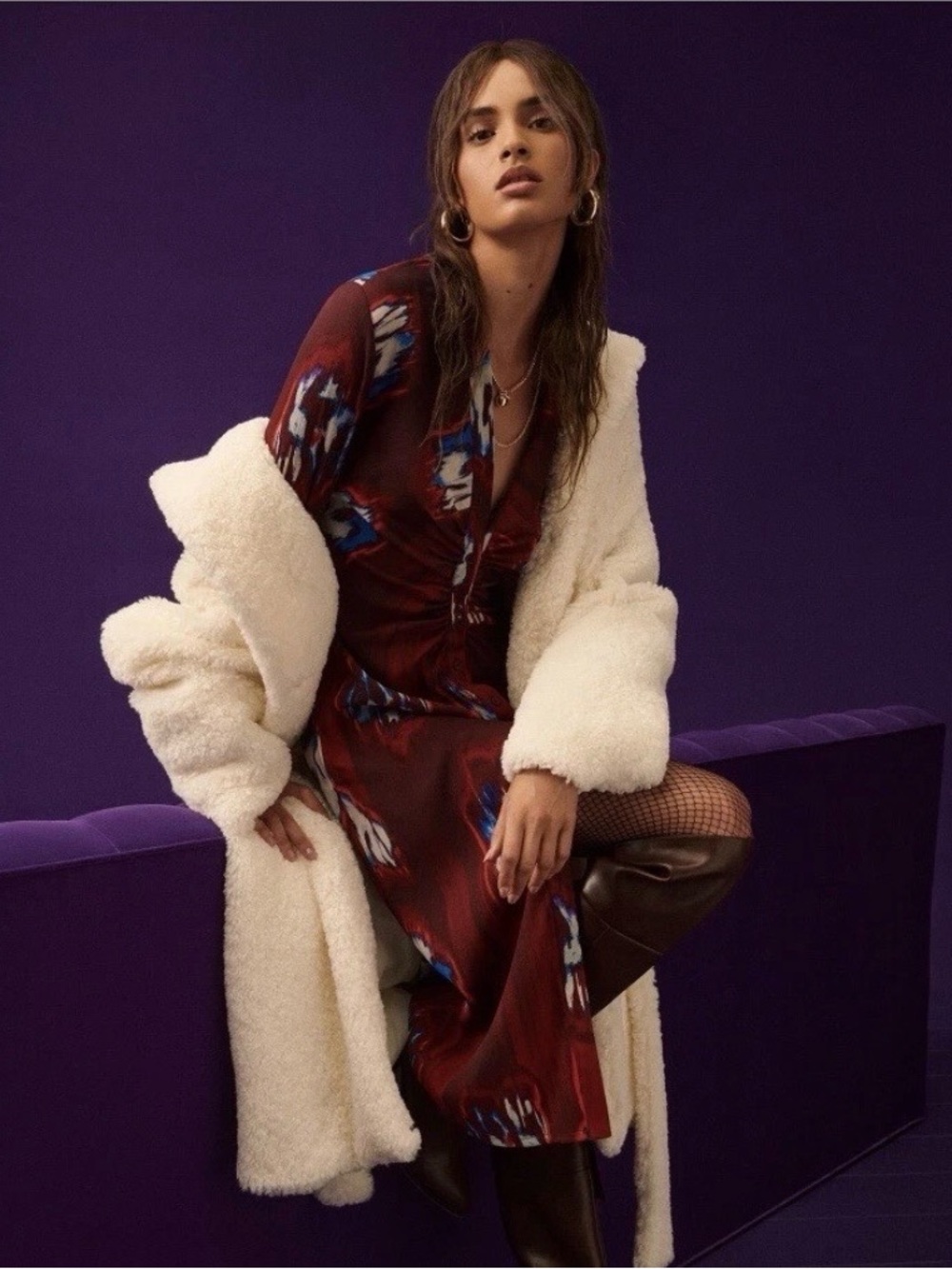 Scoop Women’s Faux Fur White Coat W/ Shawl Collar and Tie